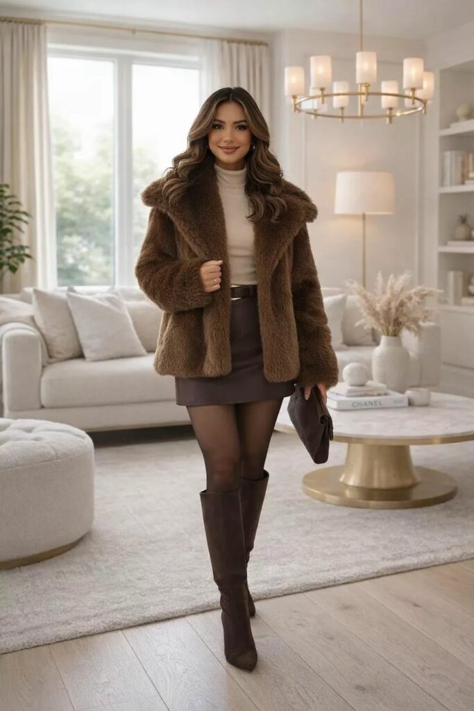 Model in brown Faux fur coat with brown mini skirt and brown knew high boots