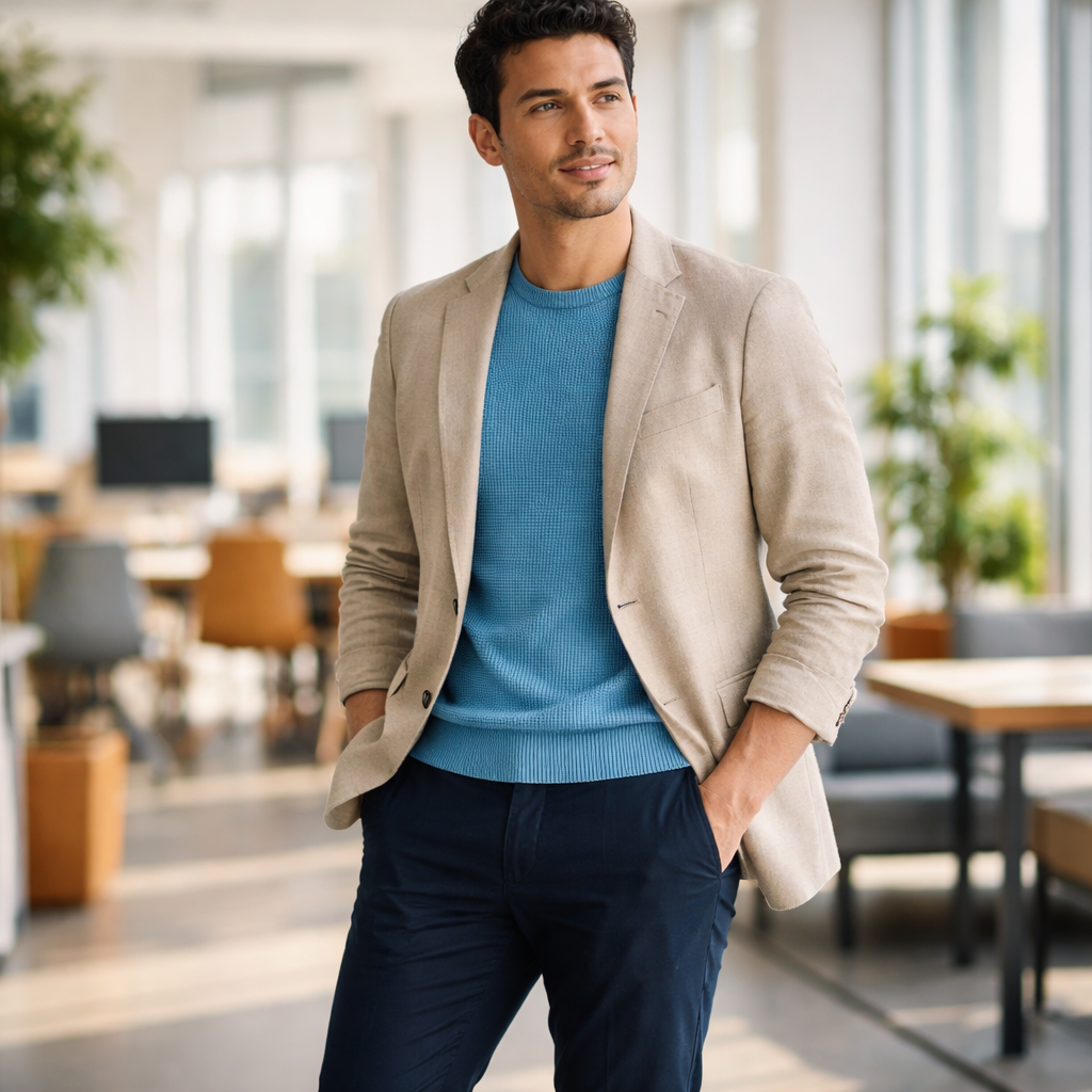 man wearing Relaxed Office Blazer to display Men's business-casual trends for spring 2026