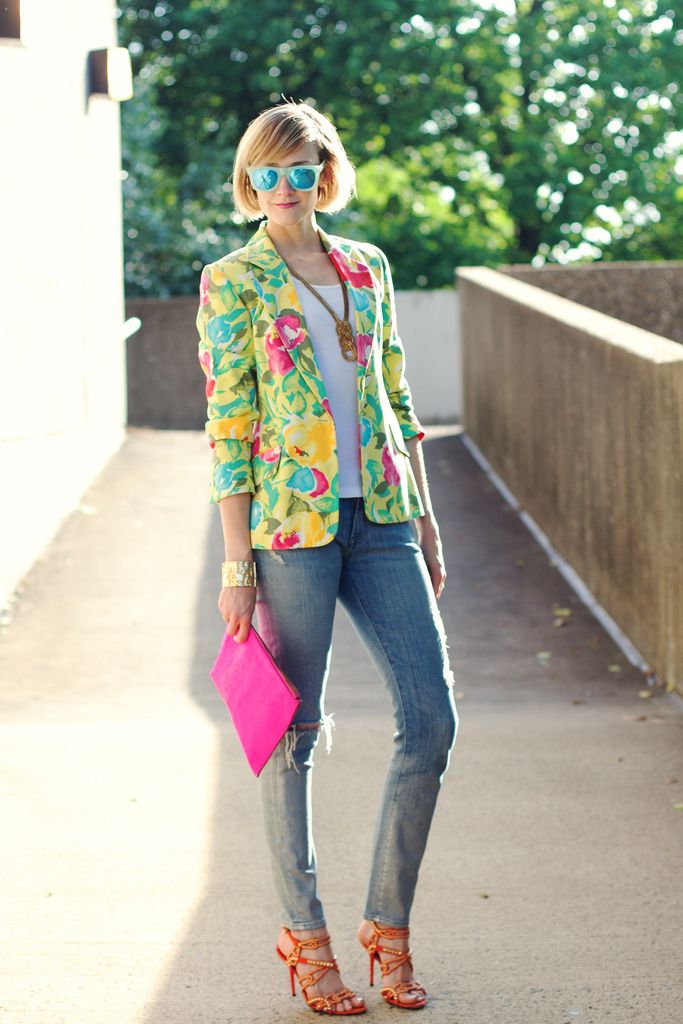 Printed Blazers paired with denim jeans