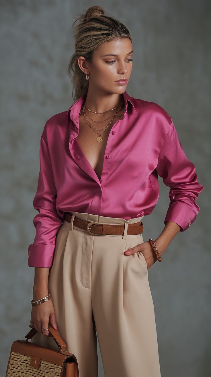 Hot Pink Satin Blouses