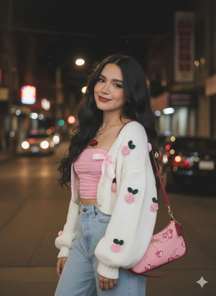 White Cropped cardigans with rose embroidered