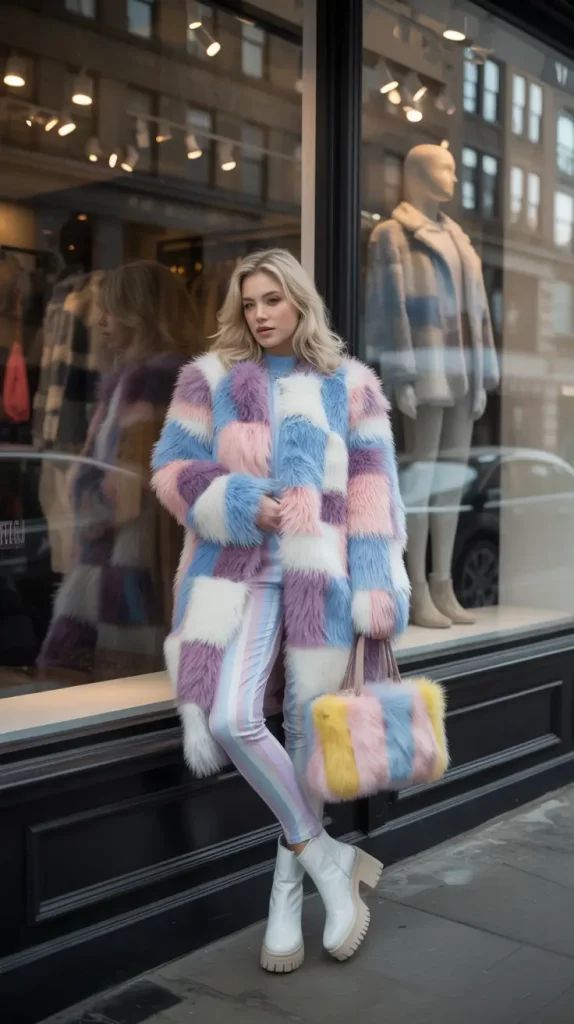 Model in 4 color patchwork faux fur coat with matching bag