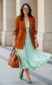 Model in green dress with orange blazer
