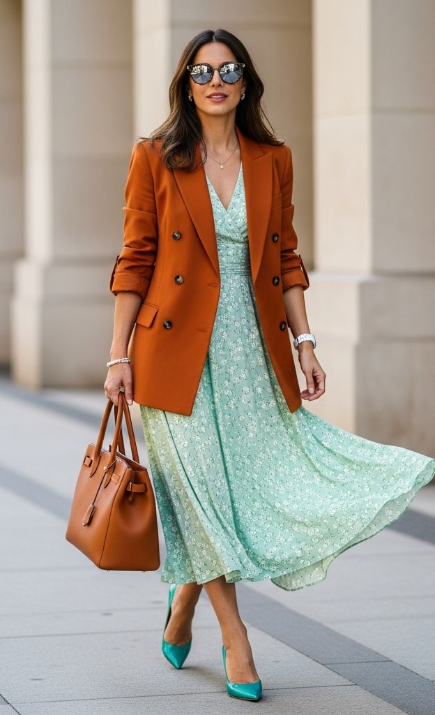 Model in green dress with orange blazer