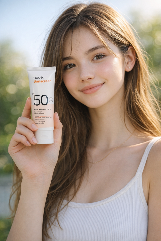 Girl Holding a bottle of Sunscreen