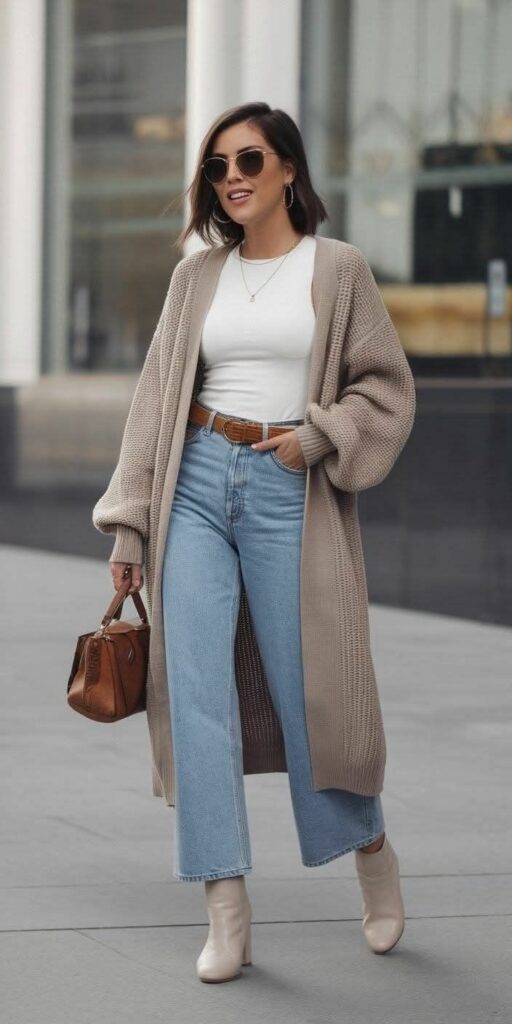 model in beige Longline cardigan with form fitting blouse and jeans 