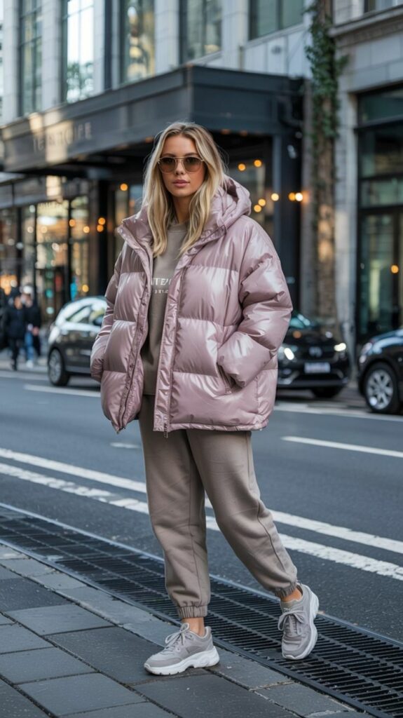 Model wearing pink hooded Cropped puffer jacket