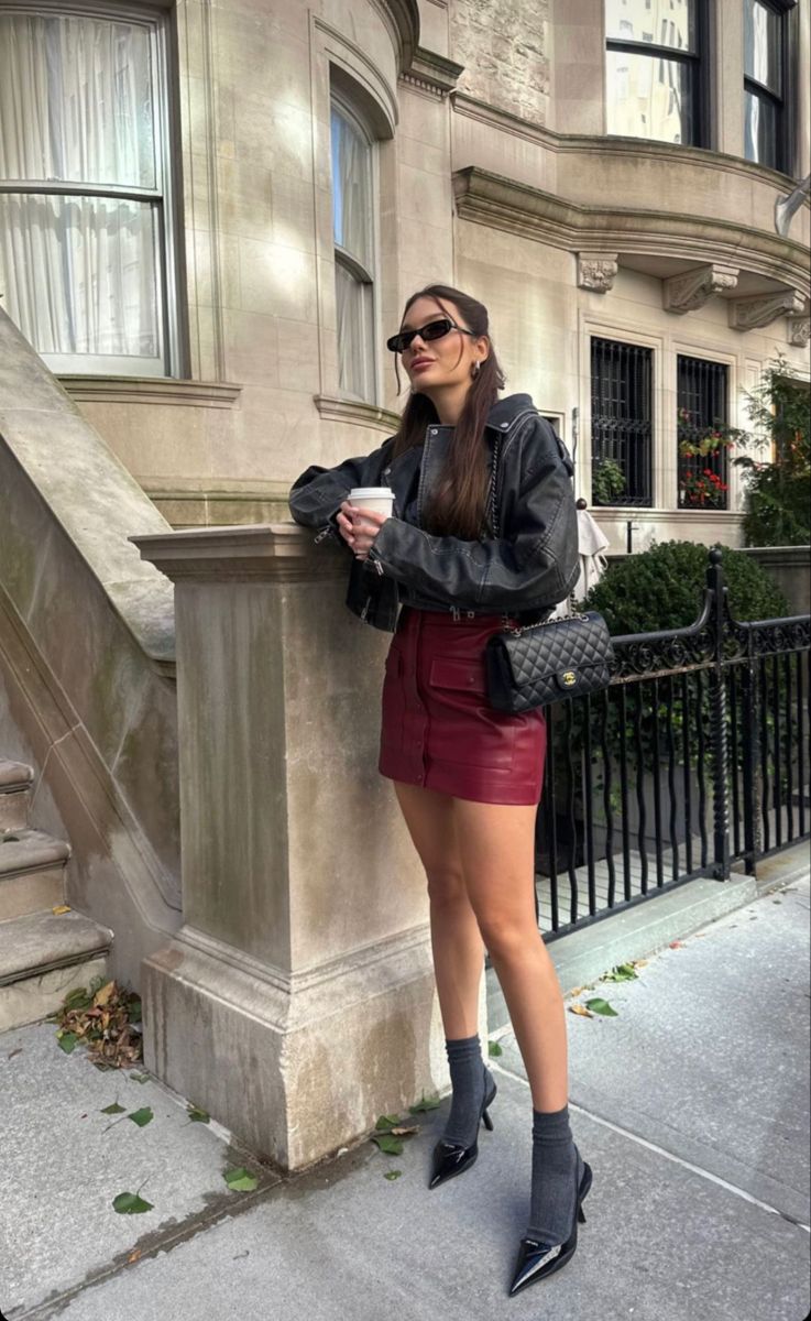 red leather mini skirt