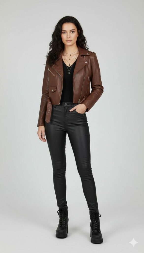 Model in brown  cropped leather jacket