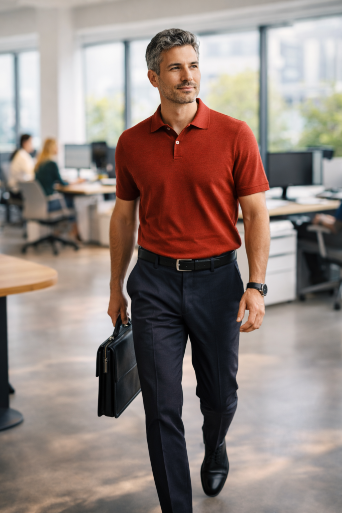 Model wearing Smart Knit Polo at Work