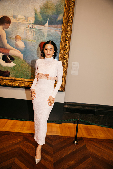 Chase Infiniti wore an Alessandra Rich lace gown from the Spring/Summer 2026 collection, which featured stretch lace, a silk-organza bow, and ruffled decoration at the waist and sleeves.