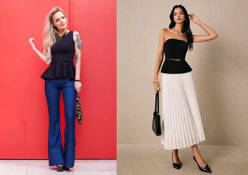 two models in black peplum tops