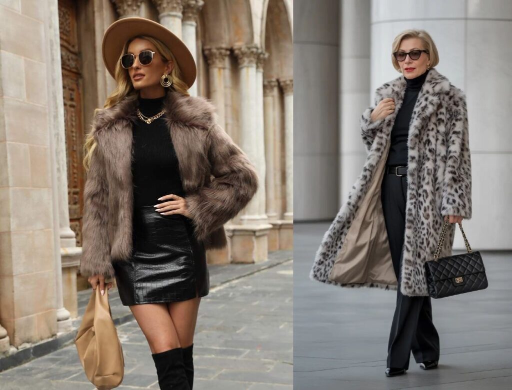 two models one in full length faux fur coat the other in crop faux fur coat