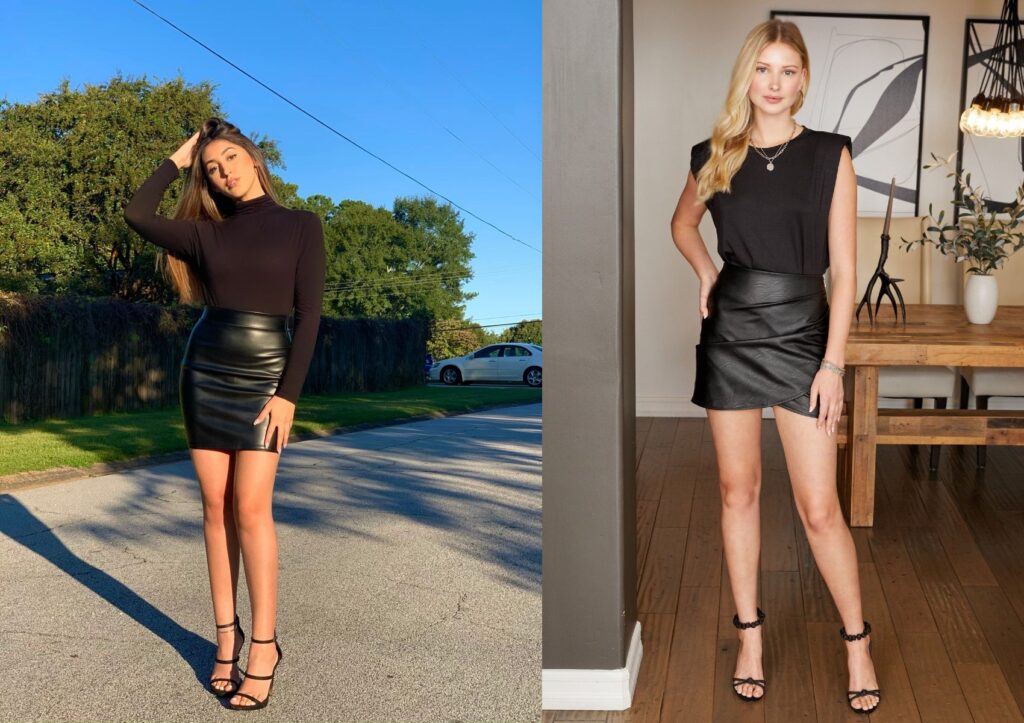two models in leather mini skirts