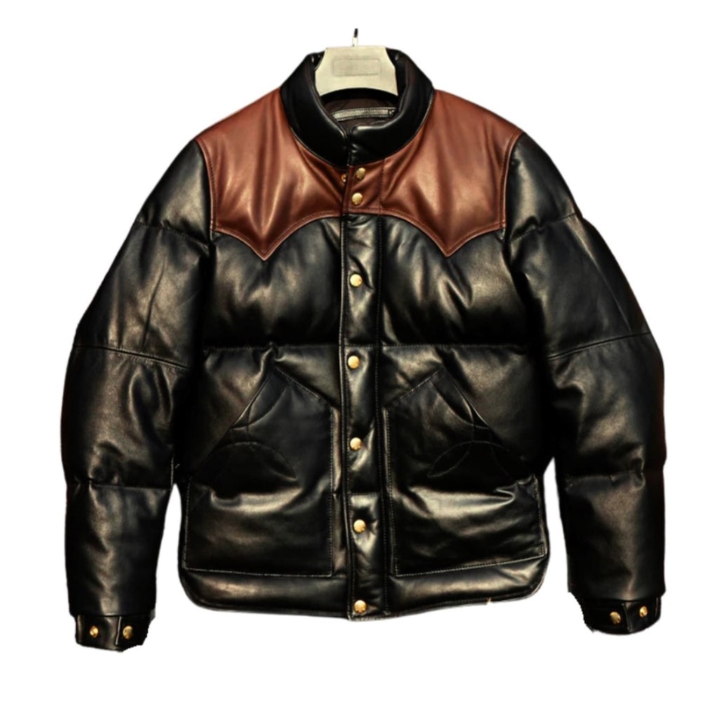 Mens leather jackets black and brown puffer leather jacket