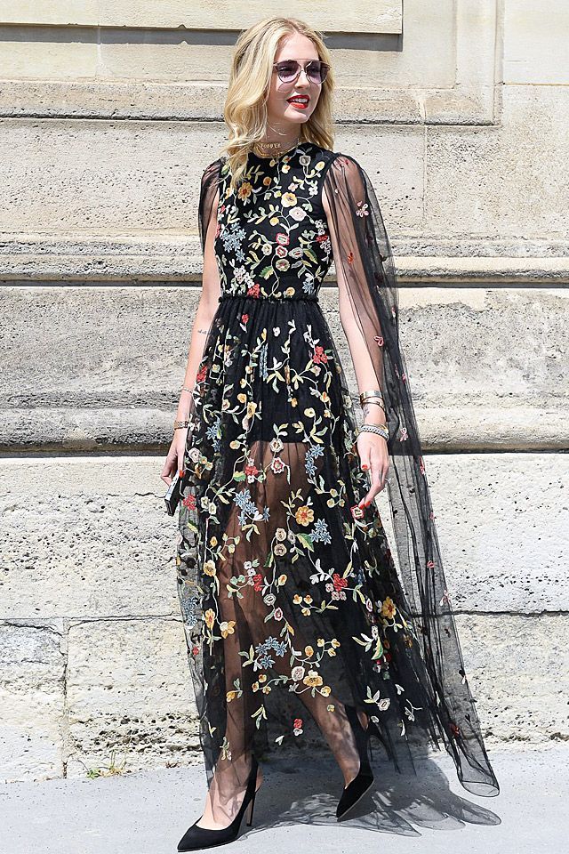 Black floral dress with sheer overlay