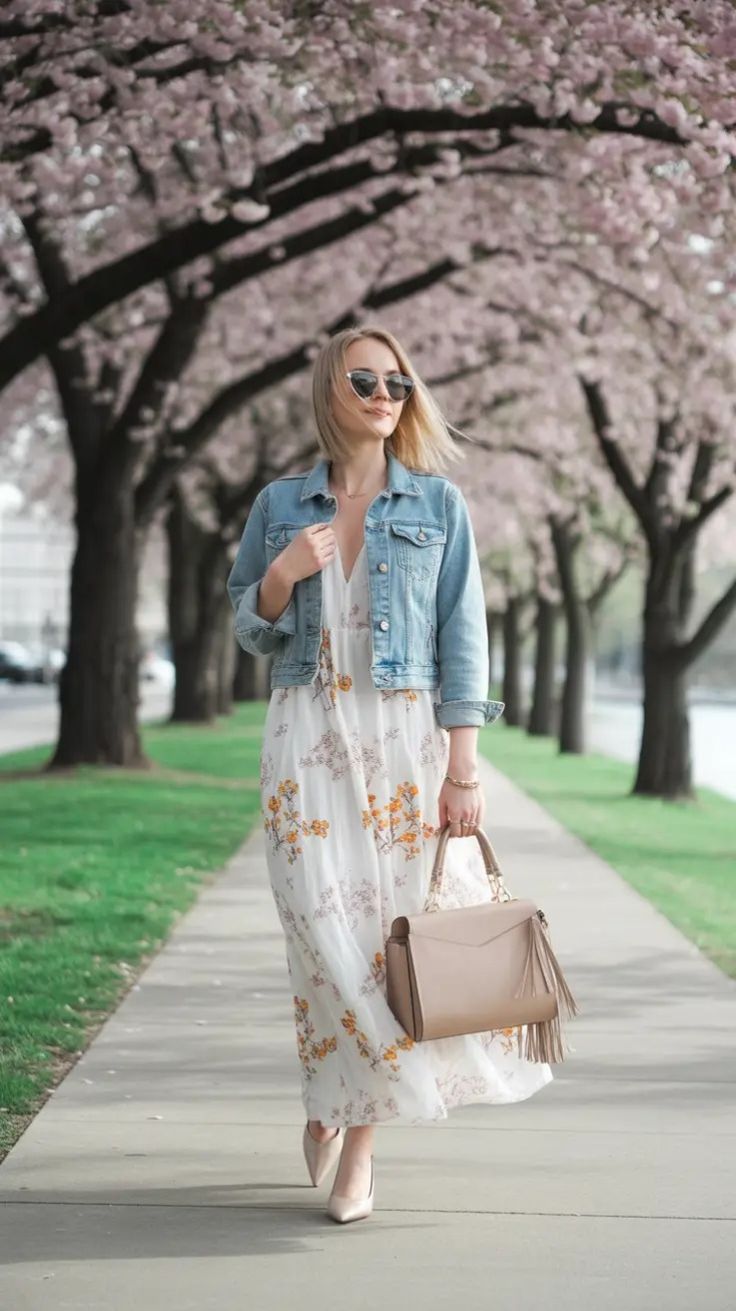 drop-waist maxi dress with denim jacket