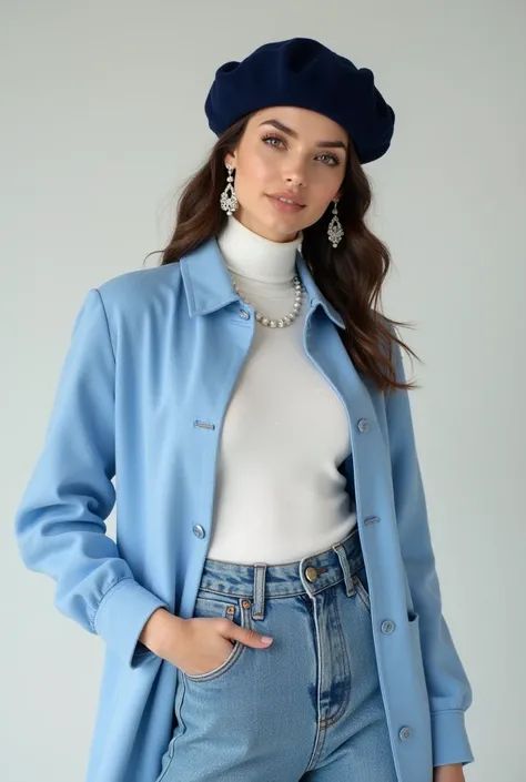 Model in cool blue boyfriend shirt with white blous, denim jeans, and black baret 