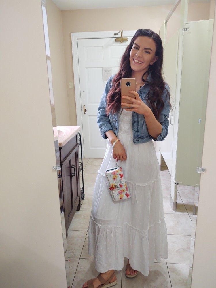 drop-waist maxi with denim jacket