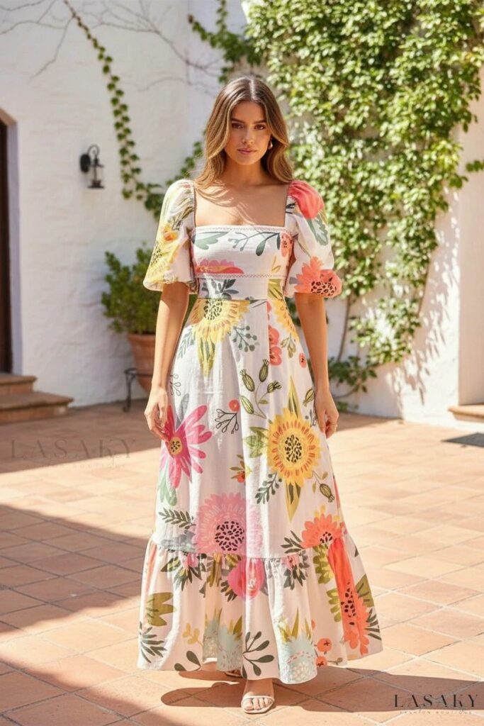 Model wearing  bold floral flowy maxi dress 