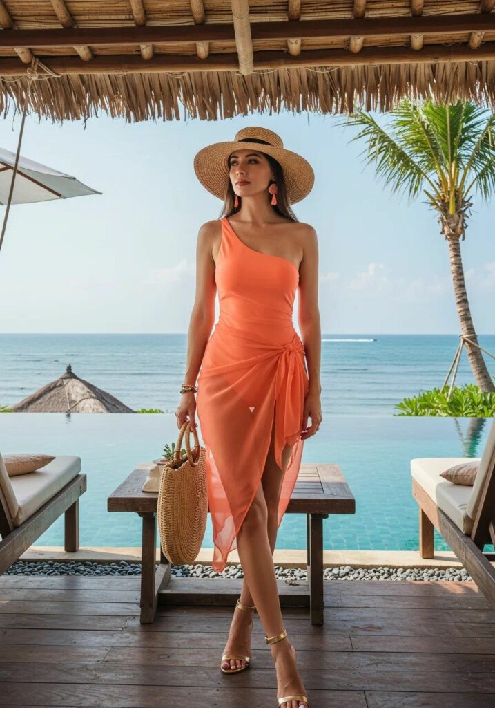 Model in peach one piece bathing suit and matching swim dress