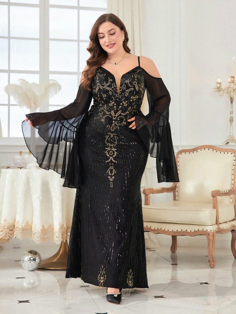 Elegant black lace evening dress