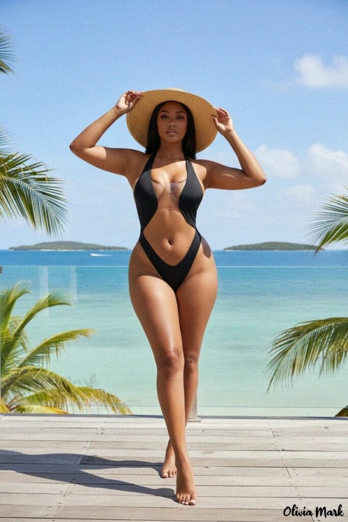 model in black open front type monokini bathing suit