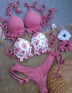 Pink Bikini top and floral with punk bikini bottoms