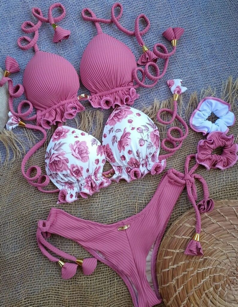 Pink Bikini top and floral with punk bikini bottoms