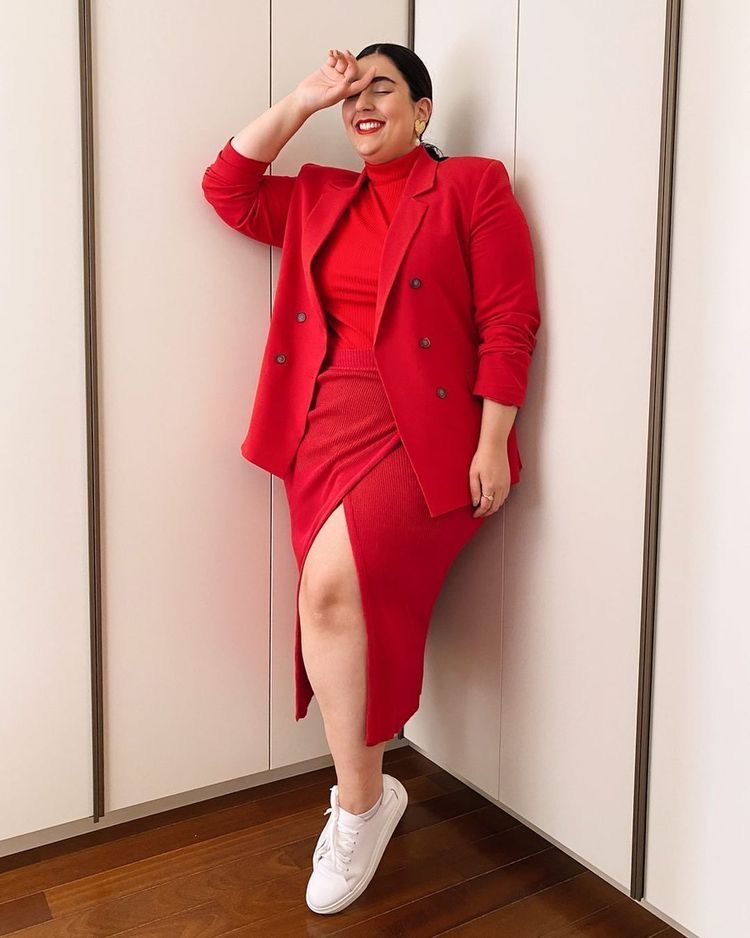 Red dress with plus-size red blazers
