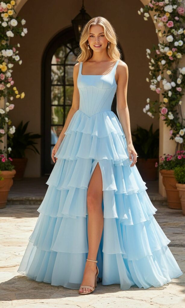 Model in slit skirt Glacier blue party dress