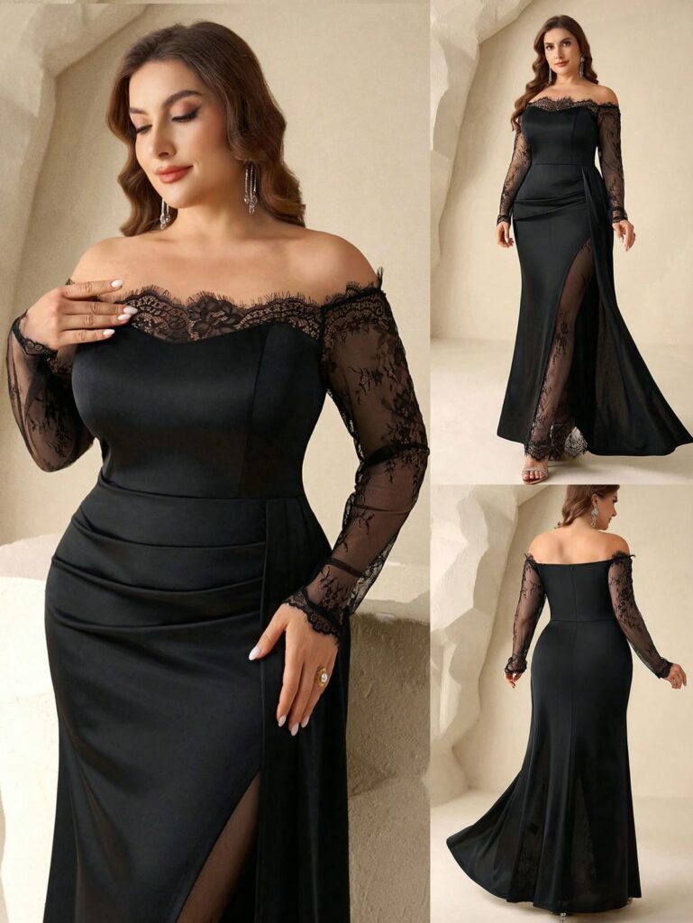 Black lace trim evening dress