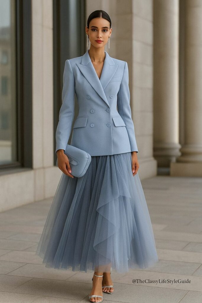 Model in cool blue trend blazer with long skirt