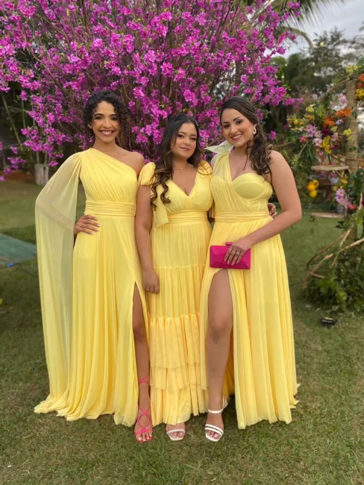 3 girls wearing Butter Yellow gowns