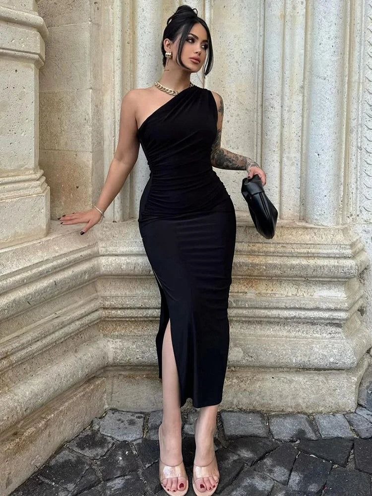 Tatoo model wearing asymmetrical Black Bodycon Dress