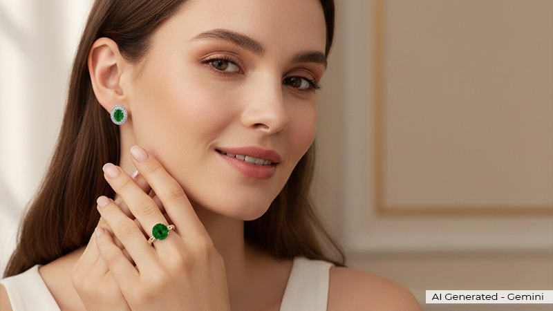 model wearing tsavorite stone jewelery