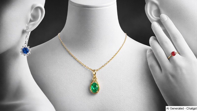 Colored gemstone necklace, rings, and earrings adorned on mannequins