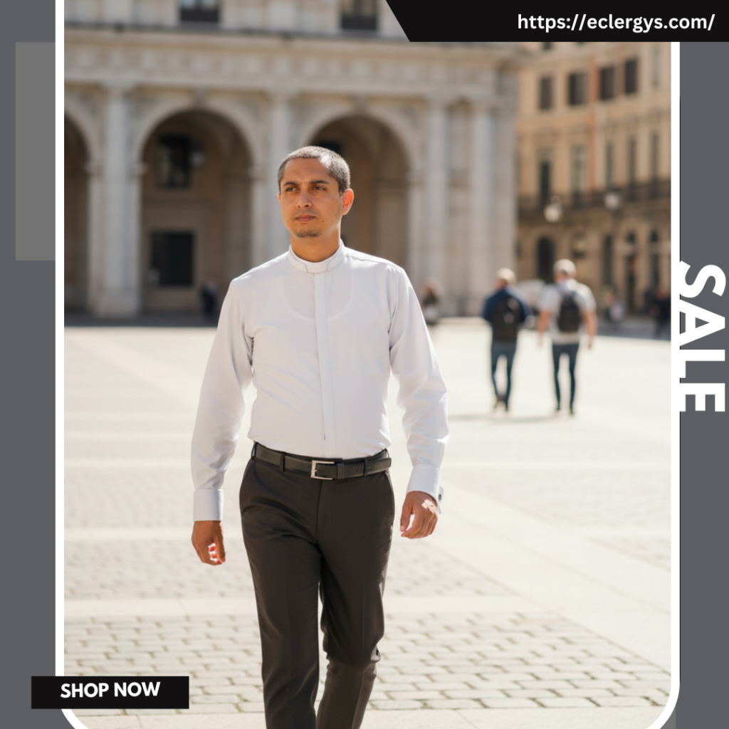Model wearing white clerical shirt