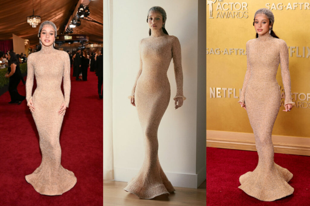 Chase Infiniti in Louis Vuitton Crystal Gown at Actor Awards Red Carpet.