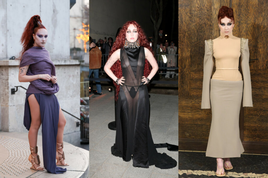 Chappell Roan at Paris Fall/Winter Fashion Week, in Vivienne Westwood and Alexander McQueen