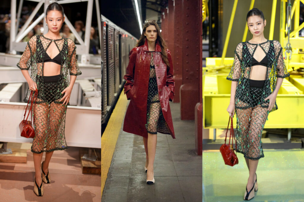 BLACKPINK Jennie Kim wore a sheer mesh knit cardigan and skirt over a bra and briefs, merging sensuality with high couture.