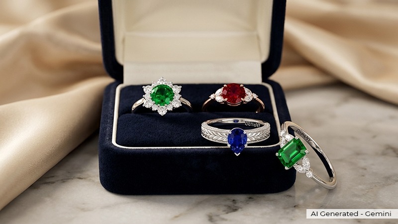 Nature-inspired colored gemstone engagement ring placed in the ring box