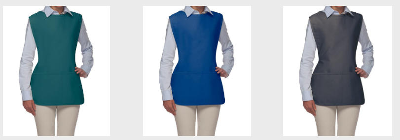 3 examples of the house cleaning apron in green, blue and gray 