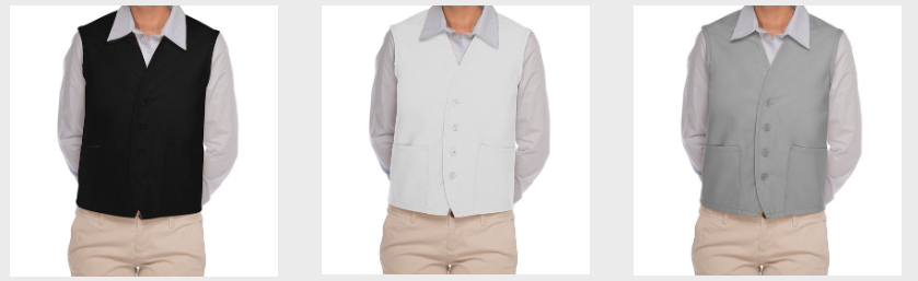 3 examples of the volunteer apron in black, white and gray 