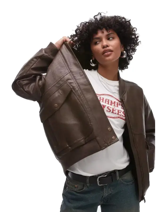 model wearing brown leather Jackets Paradise coat