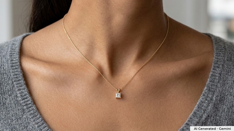 A woman wearing a diamond pendant