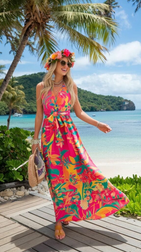 model in pink  flowy maxi dress with head flowers 