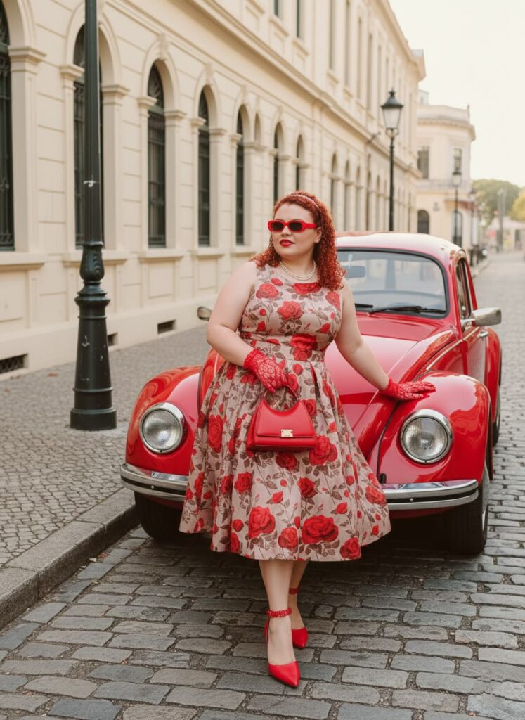 retro-inspired floral red plus-size dresses