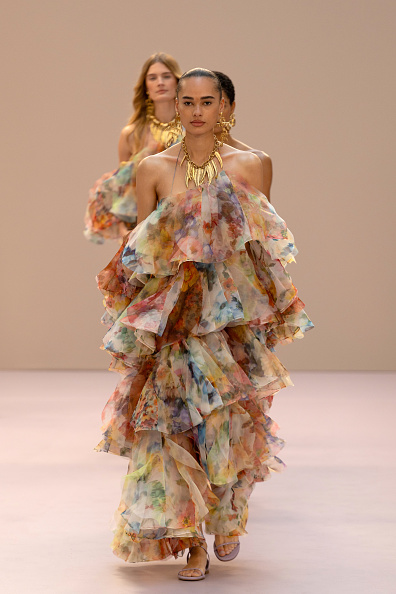 Annemary Aderibigbe was photographed walking the Zimmermann Spring/Summer 2026 “Kindred Spirit” ready-to-wear runway collection, wearing a Luna Fanned chiffon maxi dress.