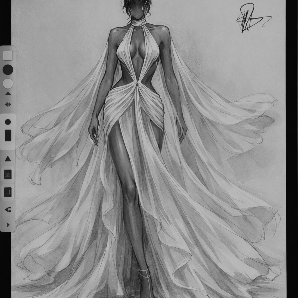 A close-up of Pajtim Raci Atelier’s turtleneck cutout dress with back trains and a high slit, designed by creative director Pajtim Raci for fashion model Olandria Carthen to wear to the 2026 Vanity Fair Oscar party.